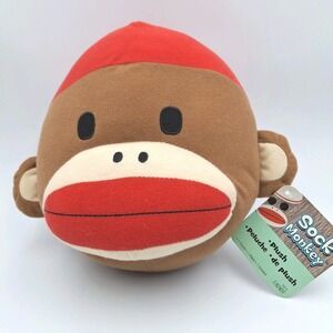 Patch Products Sock Monkey Head Plush Pillow Round‎ 10 Inches Nwt